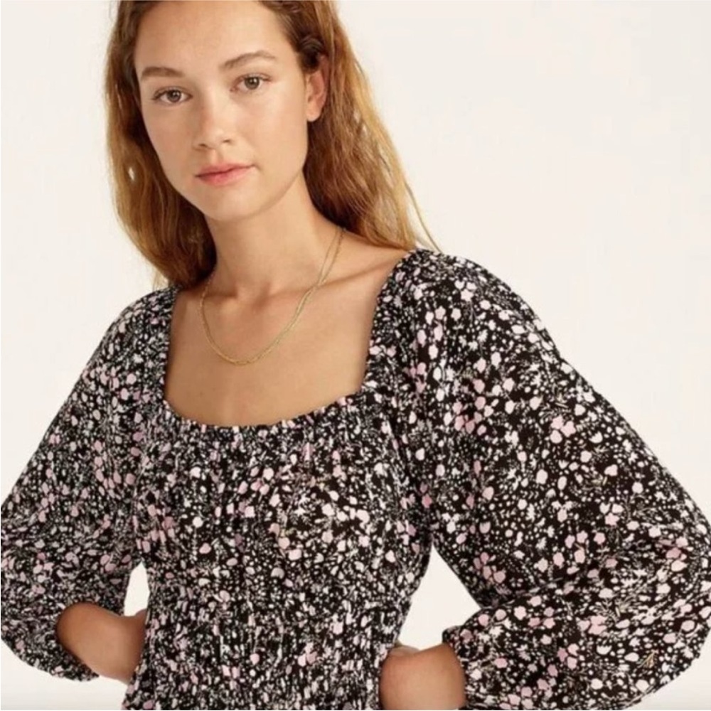 J Crew Ruched Floral Peasant Top Square Neck